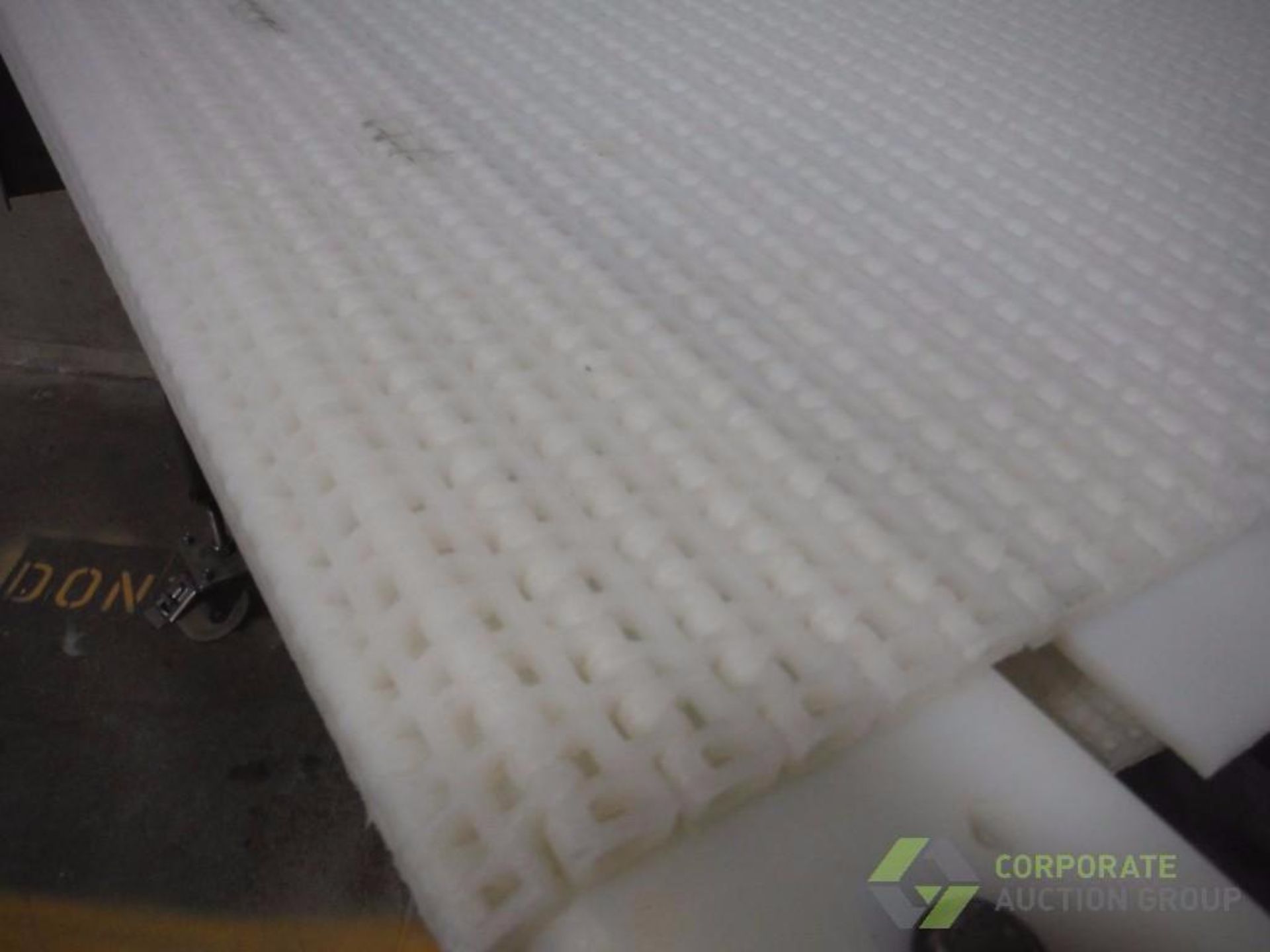 SS conveyor, white plastic belt, 56 in. long x 36 in. wide, motor and drive, on wheels ** Rigging Fe - Image 2 of 5