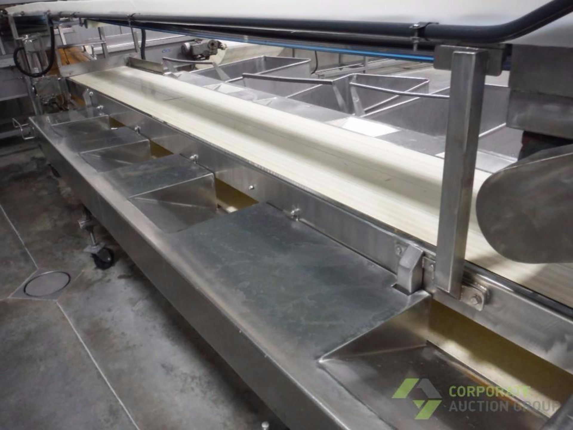 SS packoff conveyor, 21 ft. long, (4) conveyors, SS washdown motors, on wheels ** Rigging Fee: $ 100 - Image 3 of 9