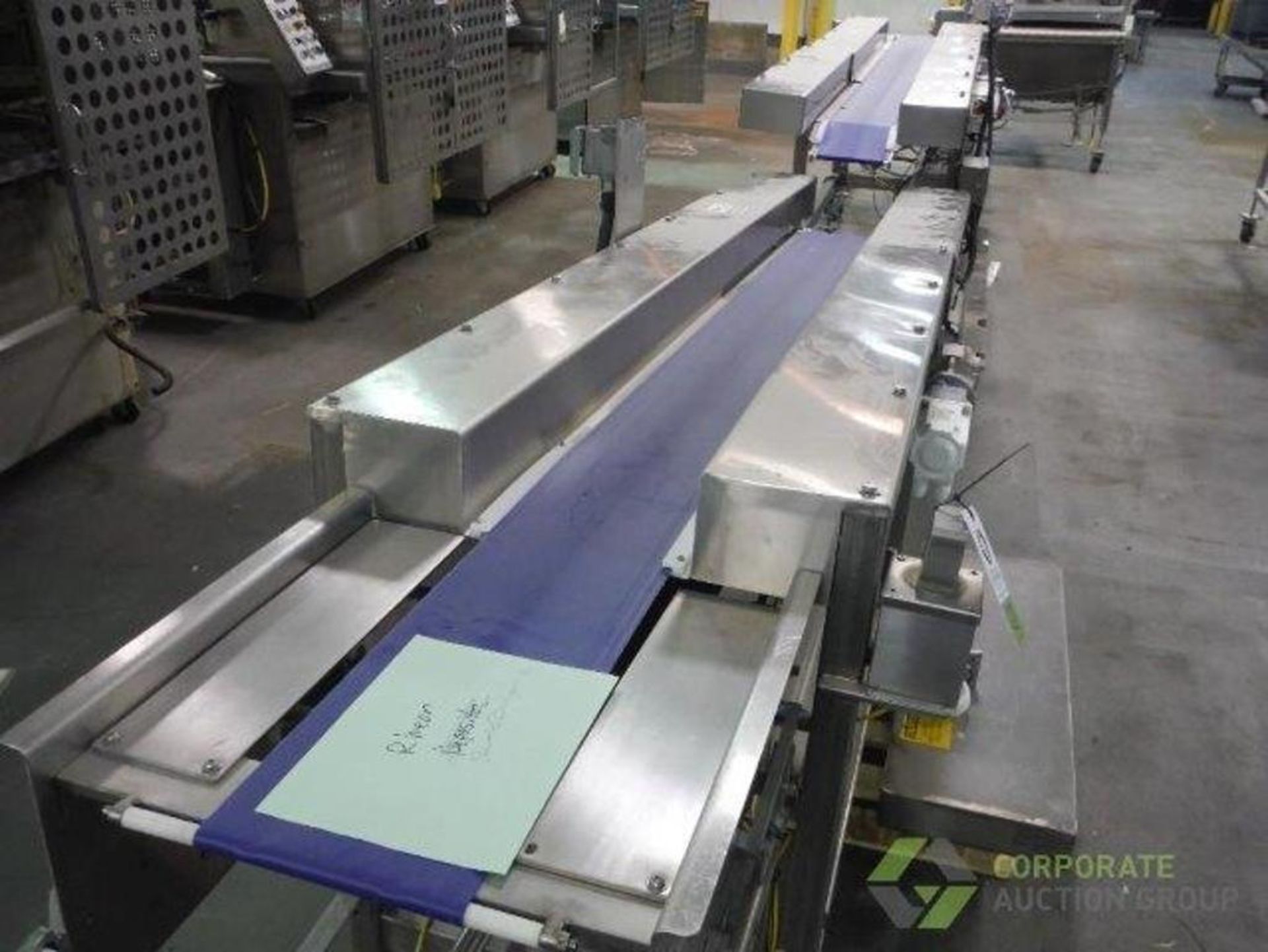 BMI dual lane belt conveyor, blue sanitary belts, 80 in. long x 3.5 in. wide x 33 in. infeed x46 in. - Image 4 of 9