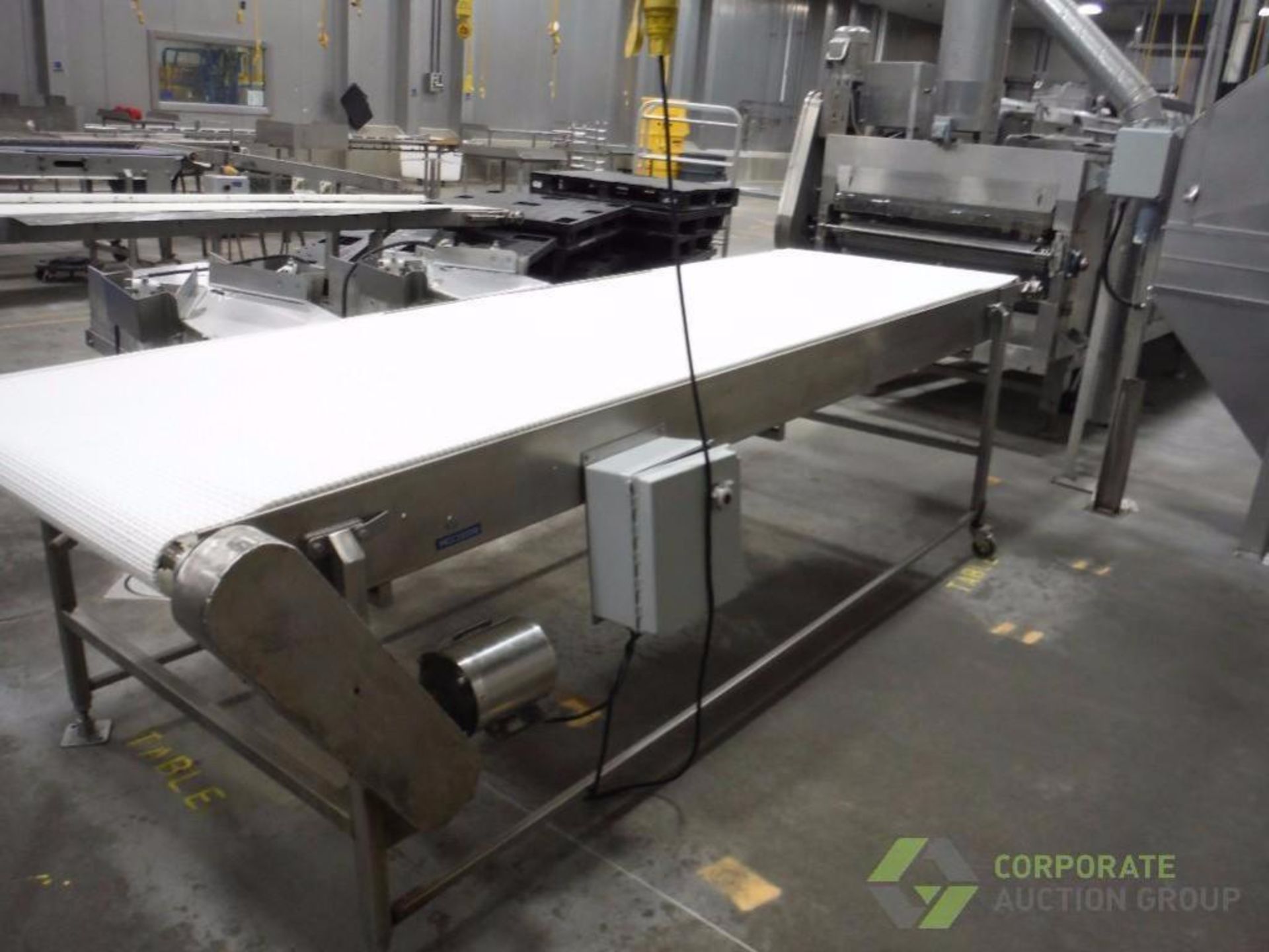 SS conveyor, white plastic interlock belt, 129 in. long x 38 in. wide, with (2) Don Williams baggers