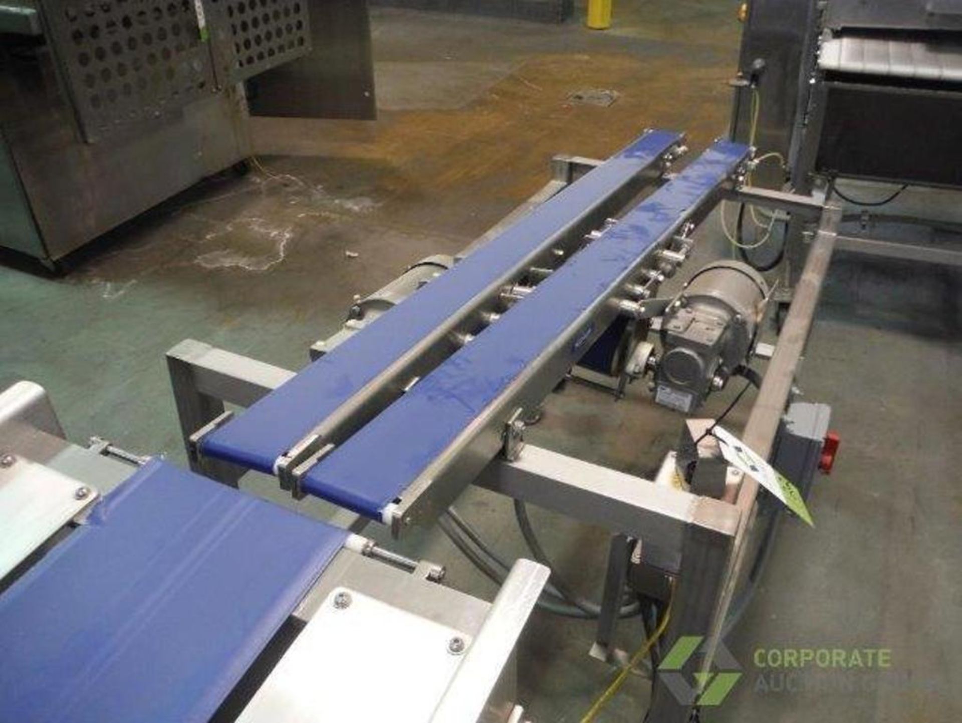 BMI dual lane belt conveyor, blue sanitary belts, 80 in. long x 3.5 in. wide x 33 in. infeed x46 in. - Image 3 of 10