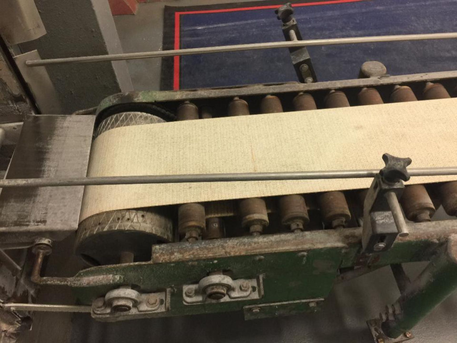 Power roller conveyor, 90 degree turn, 111 in. long x 9 in. belt, 14 in. roller, motor and drive. ** - Image 2 of 3