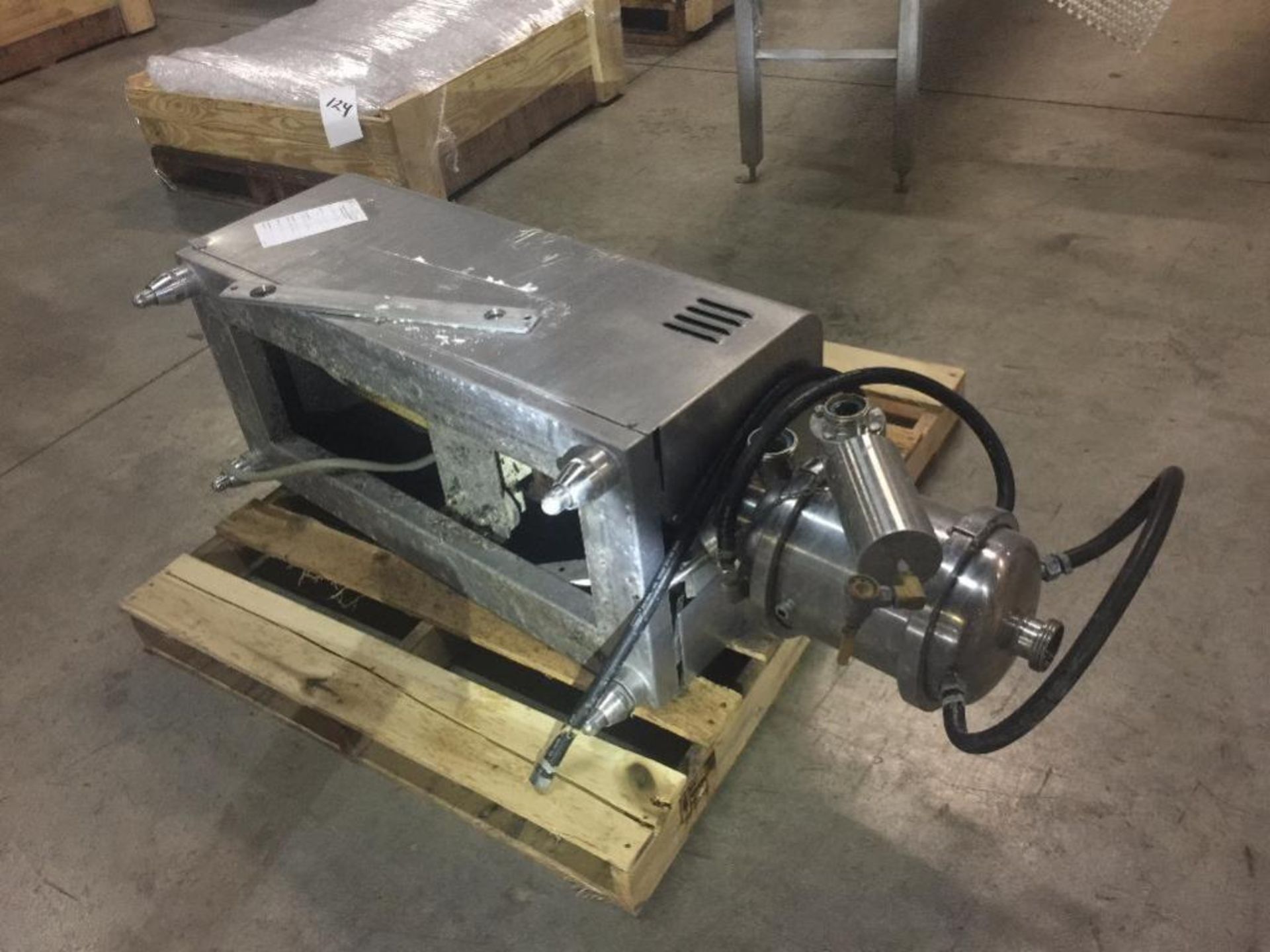 SS shear pump/mixer, motor and drive, SS sanitary fittings. ** Rigging Fee: $ 125 ** (Located in: Br