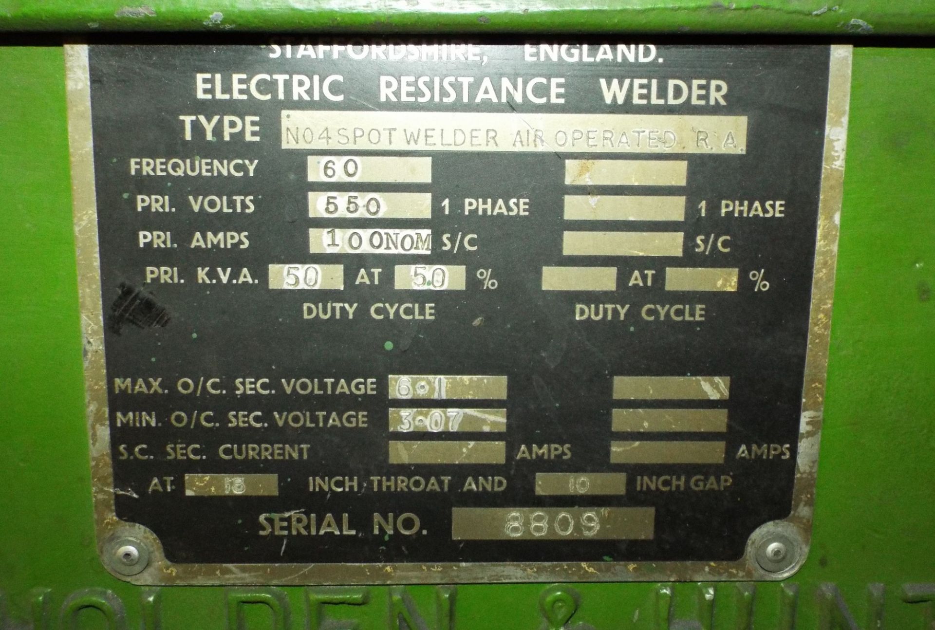 HOLDEN & HUNT #4 50KVA SPOT WELDER WITH 18" THROAT S/N: 8809 - Image 3 of 3