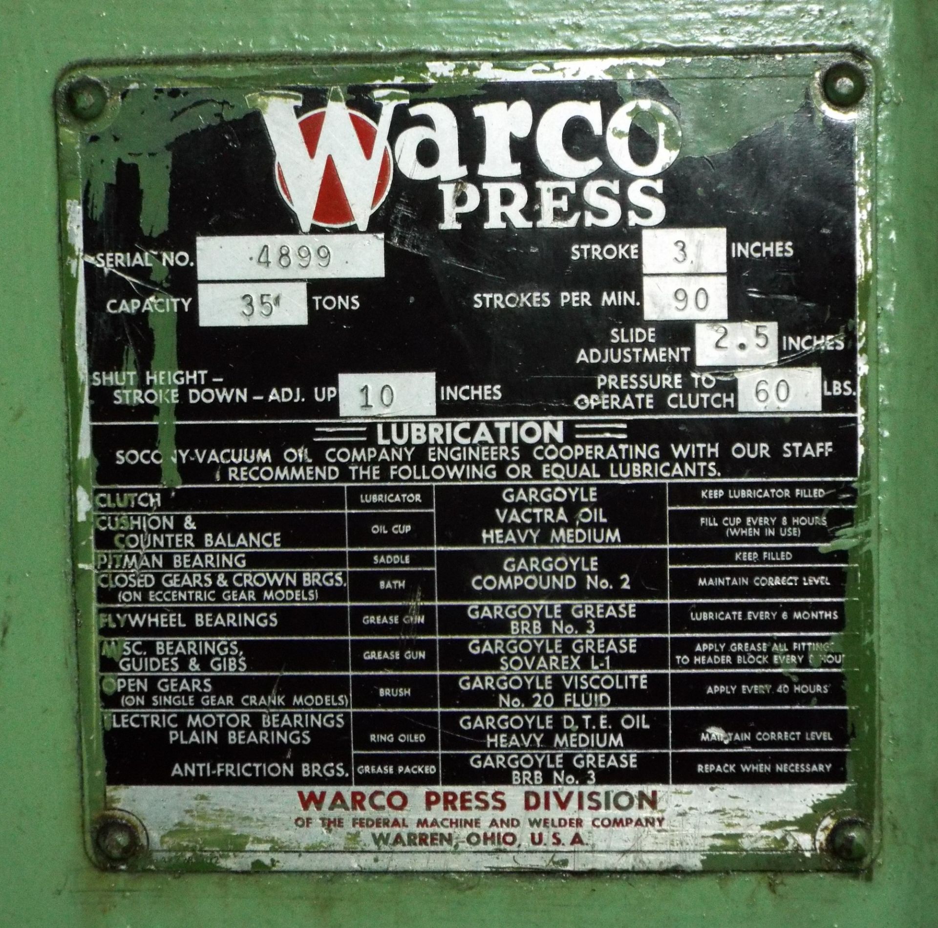 WARCO OBI PUNCH PRESS WITH 35 TON CAPACITY, 3" STROKE, 2.5" RAM ADJUSTMENT, 90 SPM, 14" X 20" - Image 3 of 3