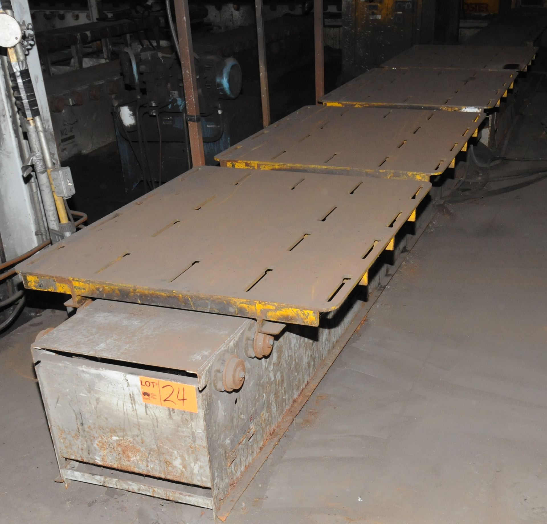 LOT/ ENTIRE STUB ROLLER CONVEYOR SYSTEM WITH RELATED TRANSFER CARS; (2) POWERED CONVEYOR MOLD