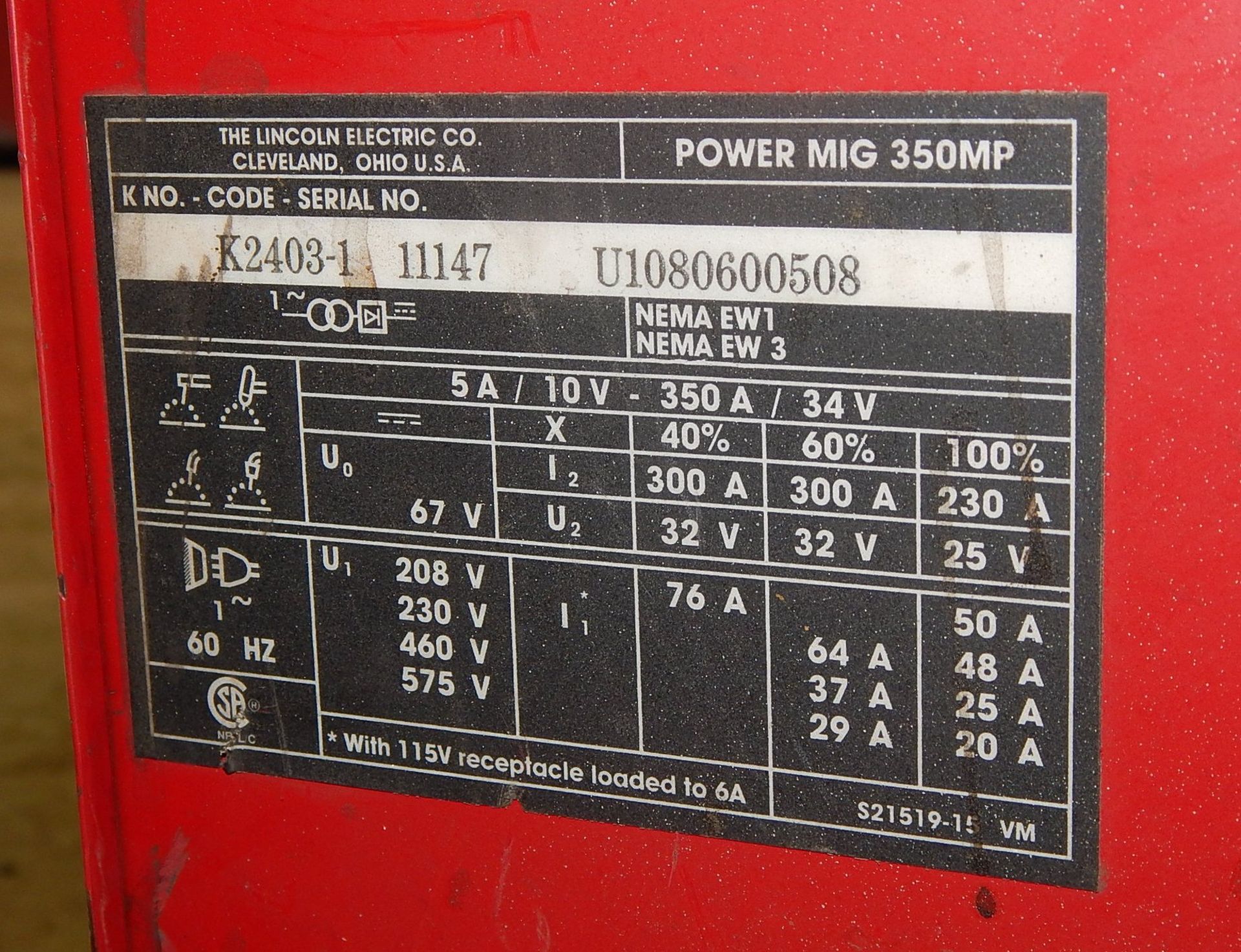 LINCOLN ELECTRIC POWER MIG 350MP DIGITAL MIG WELDER WITH CABLES AND GUN S/N: K2403-1 - Image 3 of 3