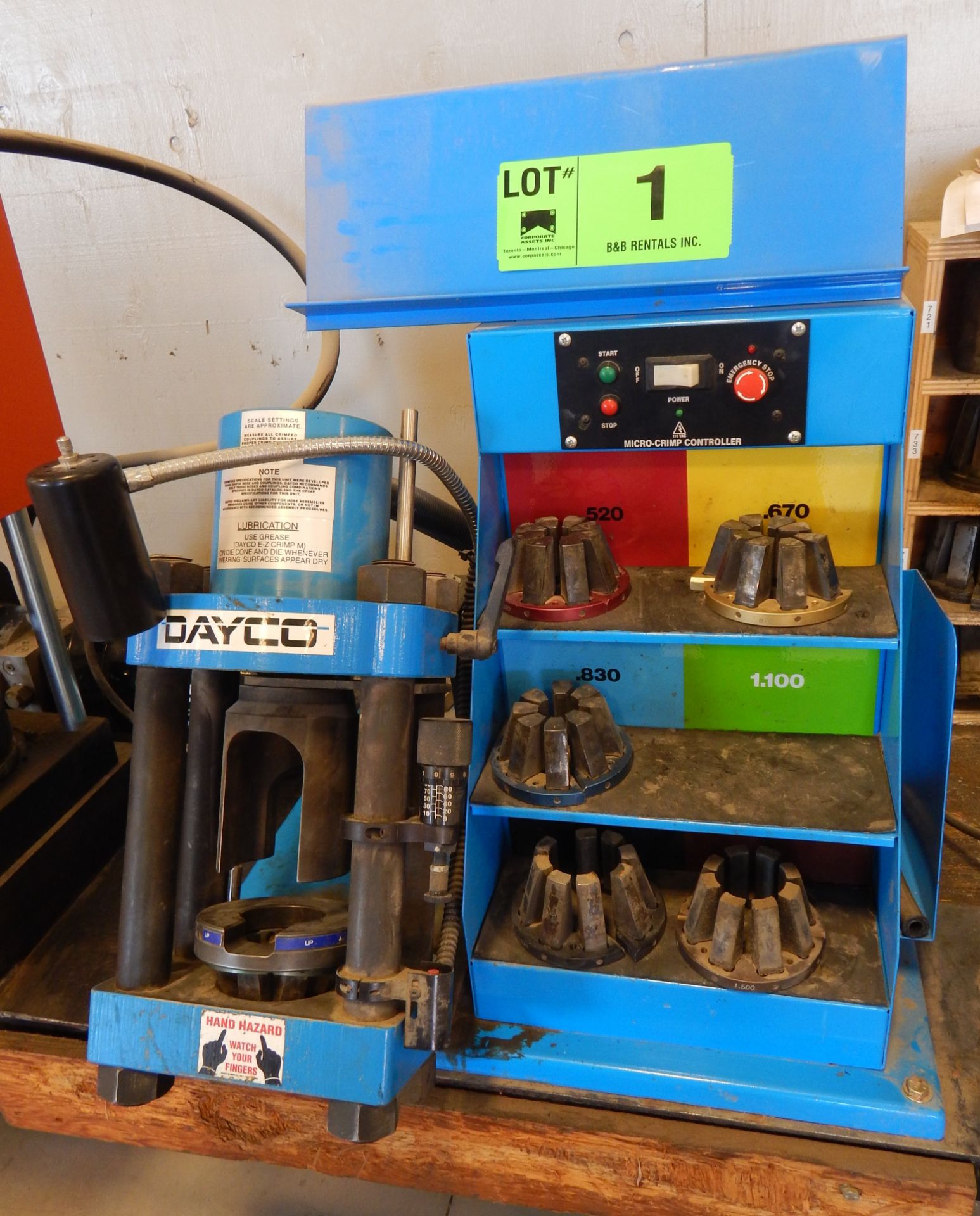 DAYCO MICRO CRIMP DIGITAL BENCH TYPE HYDRAULIC HOSE CRIMPER WITH COMPLEMENT OF DIES S/N: N/A (CI)