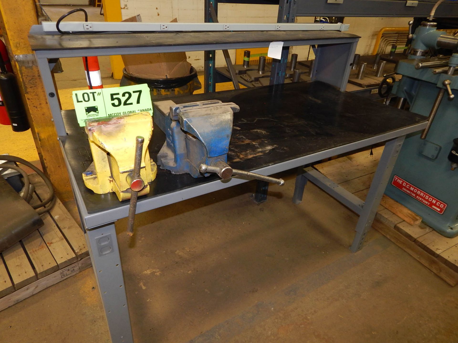 HIGH BACK STEEL WORK TABLE WITH (2) VISES