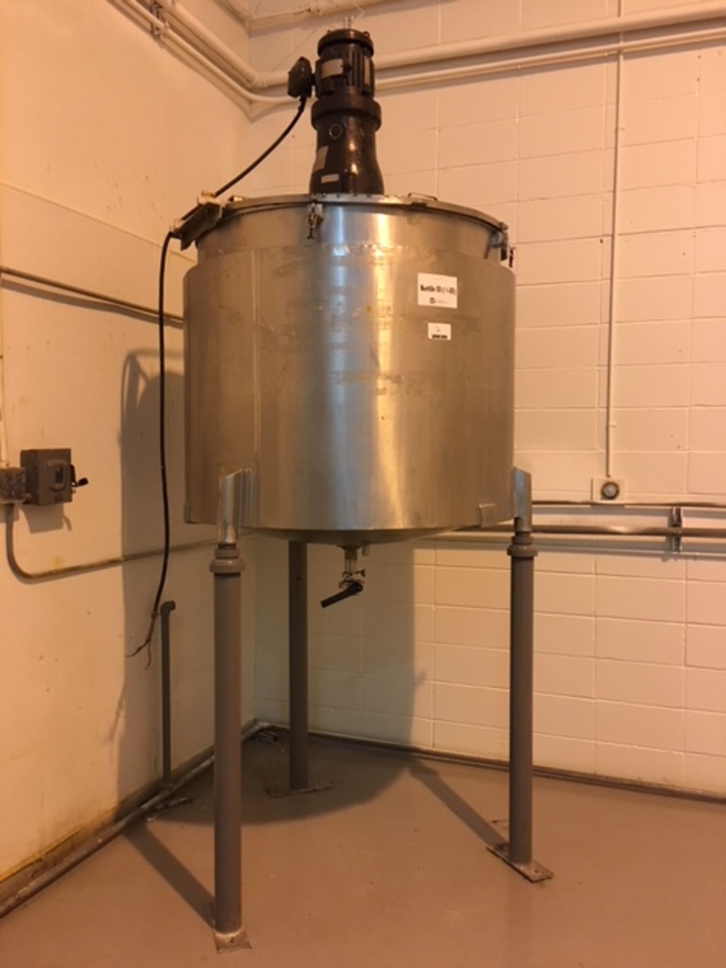 Stricklin 180 Gallon Stainless Steel Jacketd Single Action Tank. 1 HP, 220/440 volt drive motor. 48"