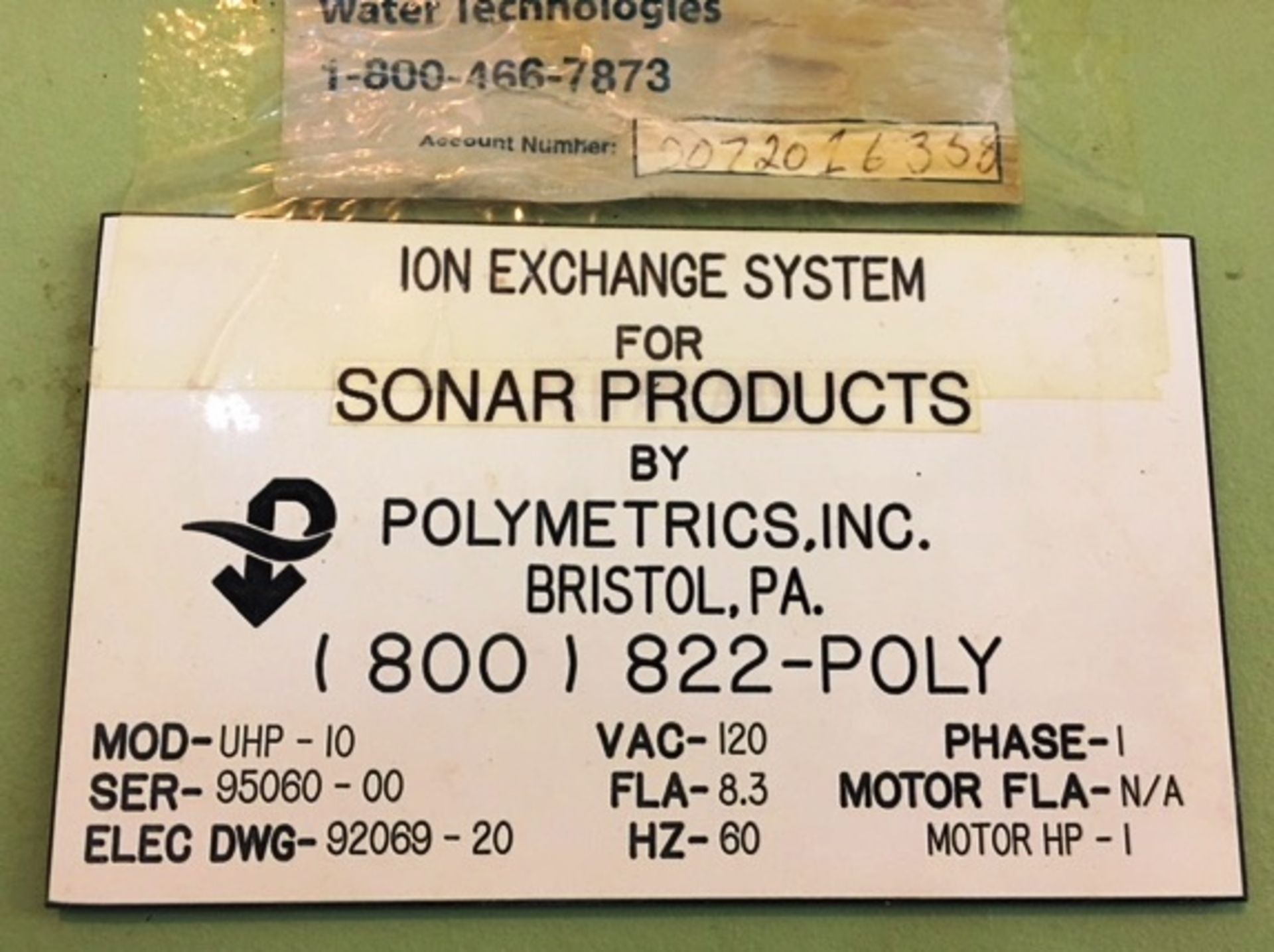 Polymetrics model UHP-10 Ion Exchanger Water filtration system serial#95060-00 Rigging: $200 ( - Image 4 of 4