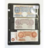 Six Bank of England banknotes, three 10s notes (signed K O Peppiatt), one mauve 1940, one red 1948,