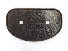 Cast iron railway wagon plate inscribed "SR standard 12 tonnes 49299"