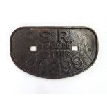 Cast iron railway wagon plate inscribed "SR standard 12 tonnes 49299"