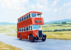 Lackenby British 20th century Oil on board Double decker bus on a country road to Leckhampton,