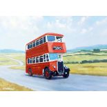 Lackenby British 20th century Oil on board Double decker bus on a country road to Leckhampton,