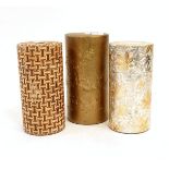 Cylindrical metal tea canister with lacquer outer case, decorated in gilt with prunus blossom, 16.