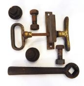 Brass LNWR carriage handle and other railway fittings including nuts and bolts,