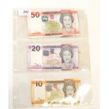 Five Jersey first issue 2010 banknotes, comprising one £50 note, one £20 note, one £10 note,