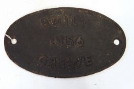 BR standard oval cast iron engine plate inscribed "Built 1956 Crewe"