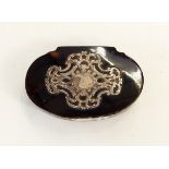 Horn snuff box with shaped sides and tortoiseshell inlay to top,