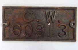 Cast iron railway wagon plate inscribed "GW60913"