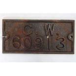 Cast iron railway wagon plate inscribed "GW60913"