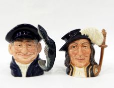 Six Royal Doulton character jugs including 'Old Salt', 'The Falconer', 'The Lawyer', 'Athos',