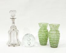 Pair of mottled green glass vases of ribbed form with flared rims, 18cm high,