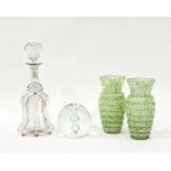 Pair of mottled green glass vases of ribbed form with flared rims, 18cm high,