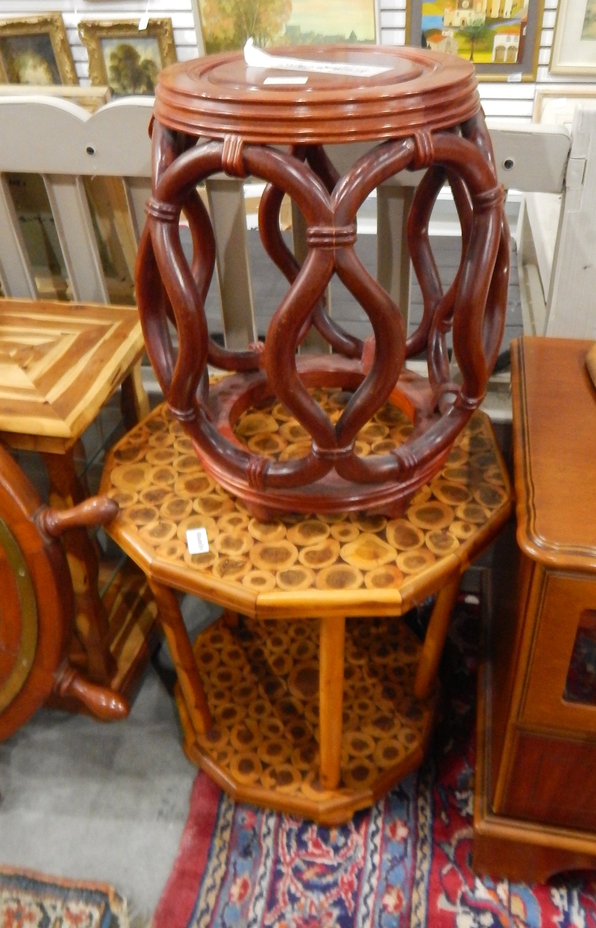 Teak barrel-shaped stool and a native craft two-tier table (2)
