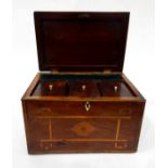 19th century mahogany tea caddy of rectangular form with geometric strung decoration,