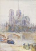 C Newman Watercolour drawing A view of Notre Dame with bridge in foreground,