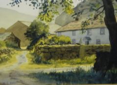 Watercolour W T Waddell Cottage in Borrowdale, label to verso,