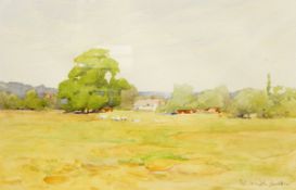 Claude Hulk, 20th century Watercolour drawing Geese in a field with cottage beyond,