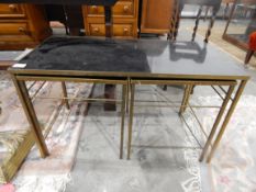 Brass and slat topped nest of three tables on square supports