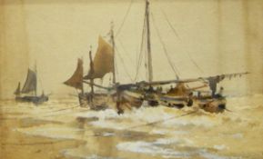 Reginald Jones (RBA) (1857-1920) Watercolour drawing Fishing boats anchored in surf,