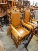 Pair of 20th century oak carver chairs with arched back top rail, bobbin turned uprights,