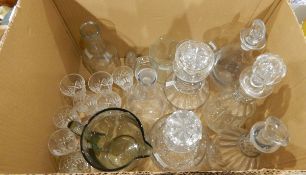 Large quantity of glass including champagne flutes, wines, tumblers, cut glass decanters etc.