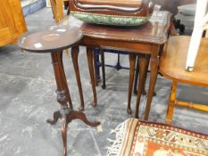 Mahogany wine table with pattera inlaid top, a nest of three tables with tooled leather inset top,