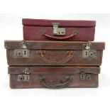 Red leather writing suitcase with fitted interior and two small brown leather suitcases (3)
