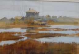 George Shedd (1927-2006) Watercolour drawing Boat on shore in marshland setting with buildings in