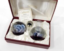 Caithness glass paperweight and scent bottle set "Blue Rose", designed by Colin Terris,