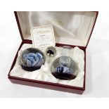 Caithness glass paperweight and scent bottle set "Blue Rose", designed by Colin Terris,