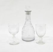 Georgian cut glass decanter with a band of engraved decoration and shallow triple-ring neck,