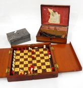 Mahogany jewellery box and contents including an Arts & Crafts copper caddy spoon by Hugh Wallis of