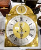 18th century eight-day longcase clock movement, the brass dial with silvered chapter ring,