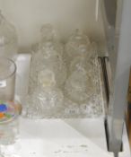 Moulded glass dressing table set comprising rectangular tray, a pair of scent bottles and stoppers,