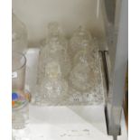 Moulded glass dressing table set comprising rectangular tray, a pair of scent bottles and stoppers,