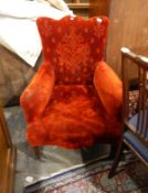 Victorian scallop-topped armchair in red velvet together with footstool and two rush seat dinning